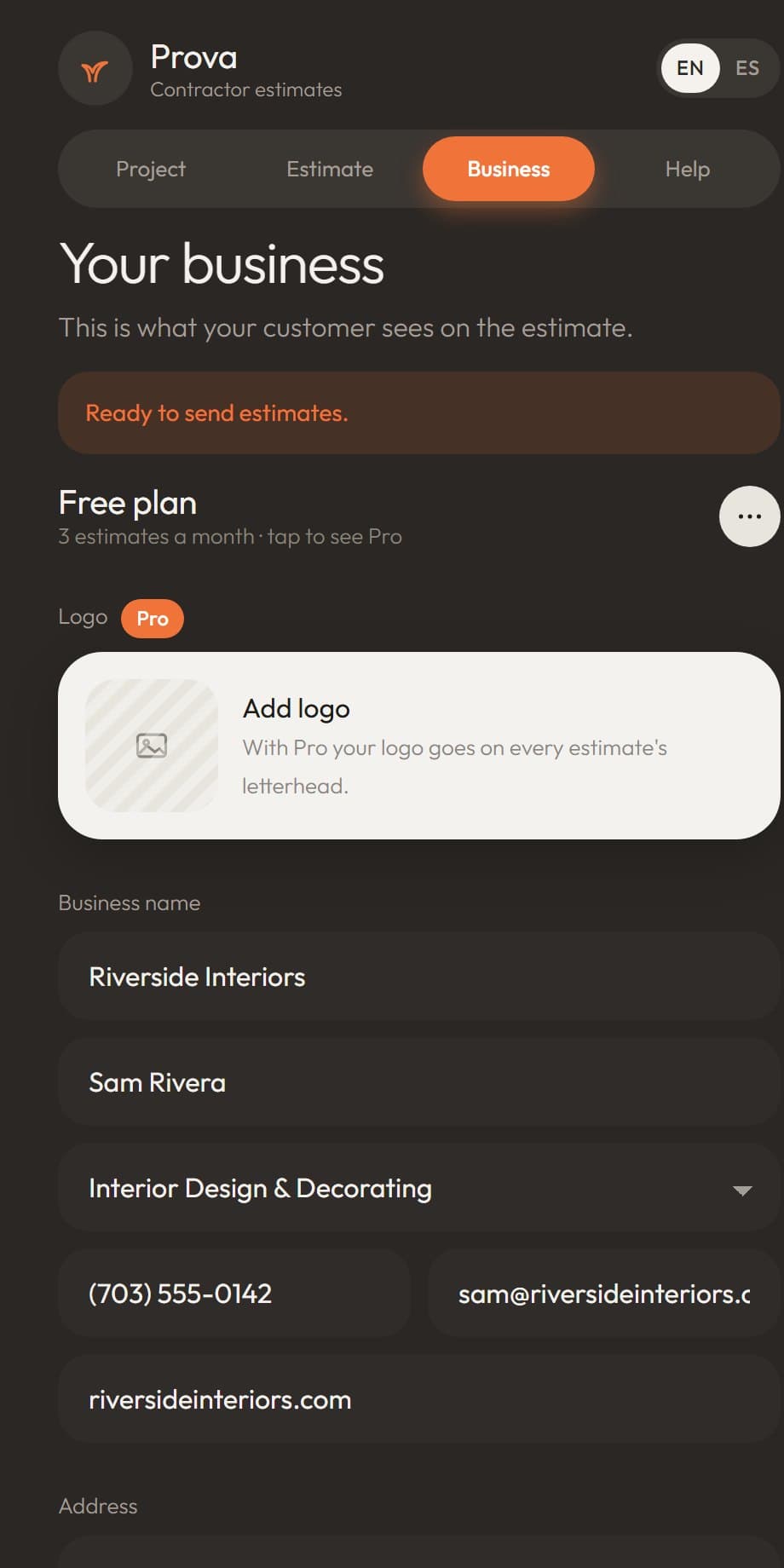Prova — business screen with logo, brand color and rates