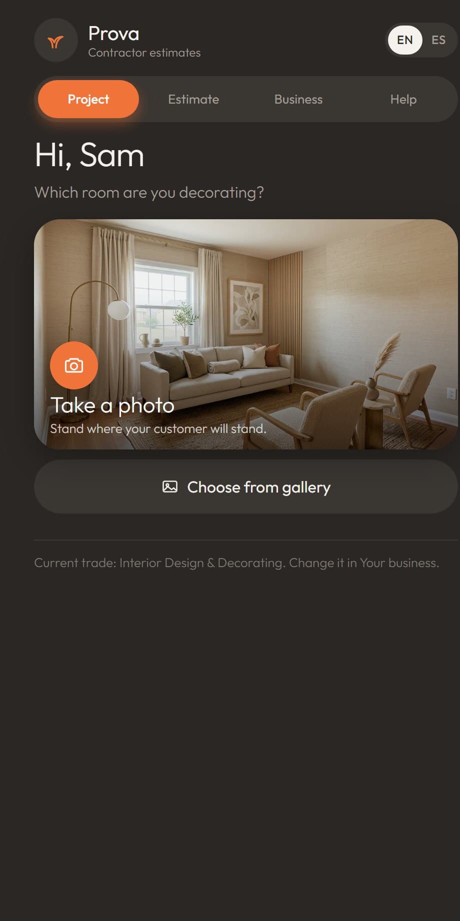 Prova — project screen with the take-a-photo tile